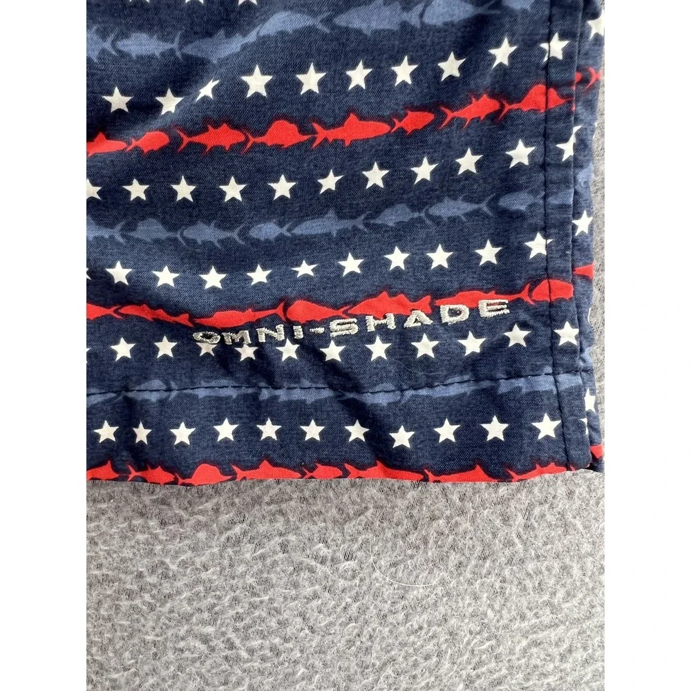 Columbia PFG Omni-Shade Swim Trunks Mens Sz M Navy Blue Stars Fish Americana 6in